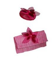 Red sinamay fascinator with clutch bag