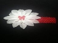 white flower with red bow on 1.5in red hairband