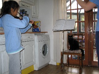 jilll teaches a student while a visiting professor of violin looks on in approval.