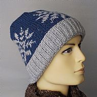 Chunky Fairisle beanie hat blue and grey blended British wool