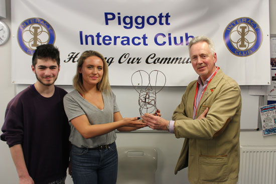 pdc-uk’s chairman derek fry presents wire sculpture to the piggott interact club