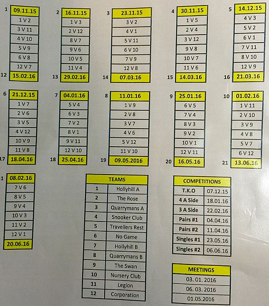 Felling & District Monday Night Darts League Fixtures