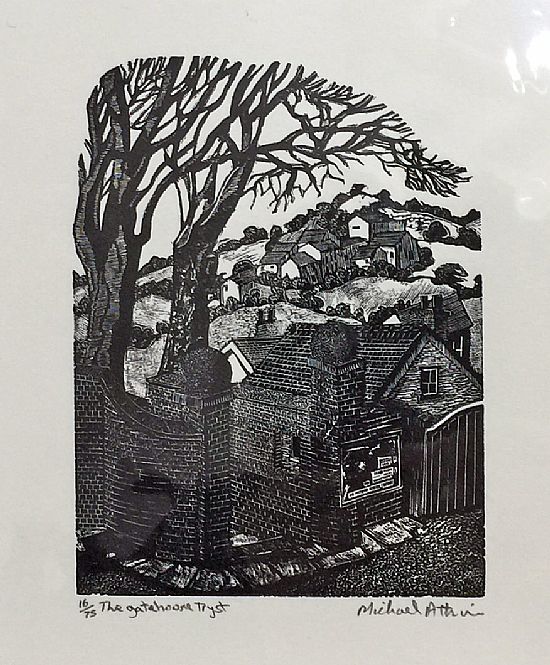 the gatehouse tryst by michael atkin (woodblock engraving)