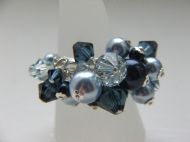 MIXED CRYSTAL & PEARL RING ON ADJUSTABLE STERLING SILVER BASE IN BLUE