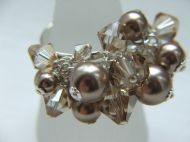 MIXED CRYSTAL & PEARL RING ON ADJUSTABLE STERLING SILVER BASE IN BROWN