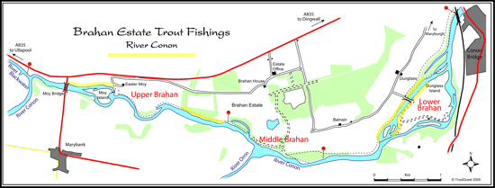 map of wild brown trout fishing, brahan, river conon