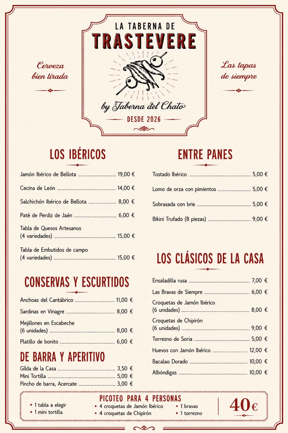 Men&uacute; de Taberna Trastevere en Madrid