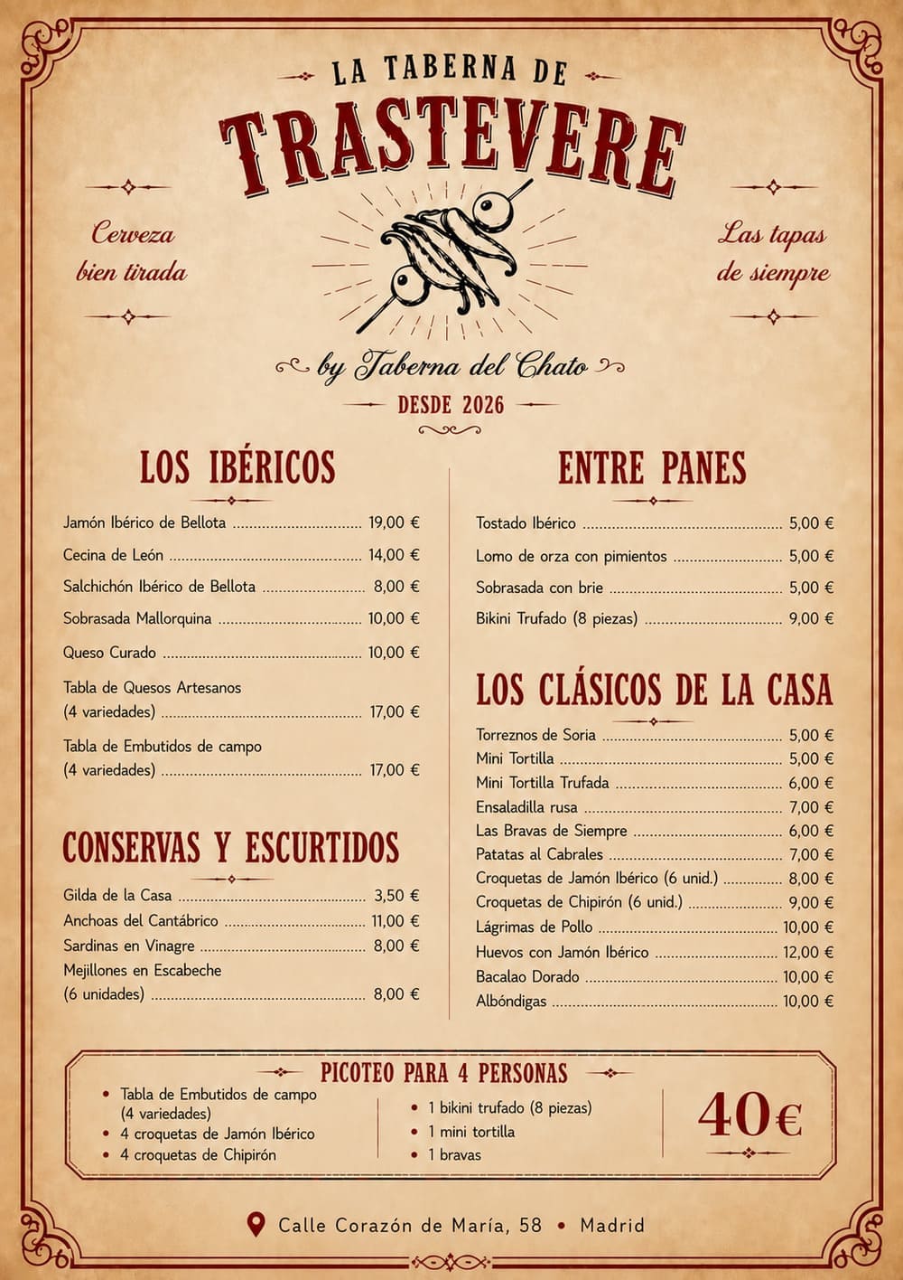 Men&uacute; de Taberna Trastevere en Madrid