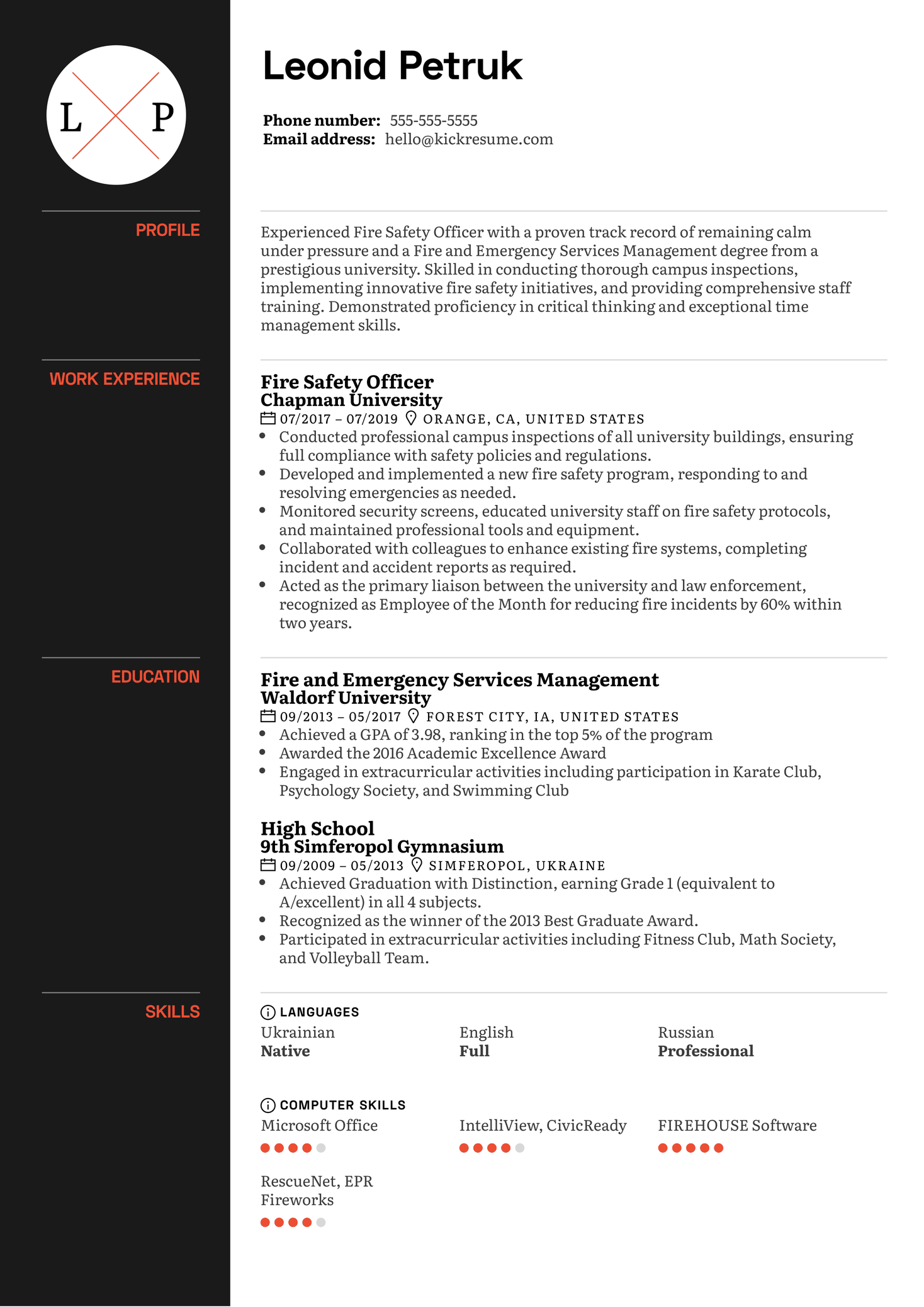 Fire Safety Officer Resume Sample | Kickresume