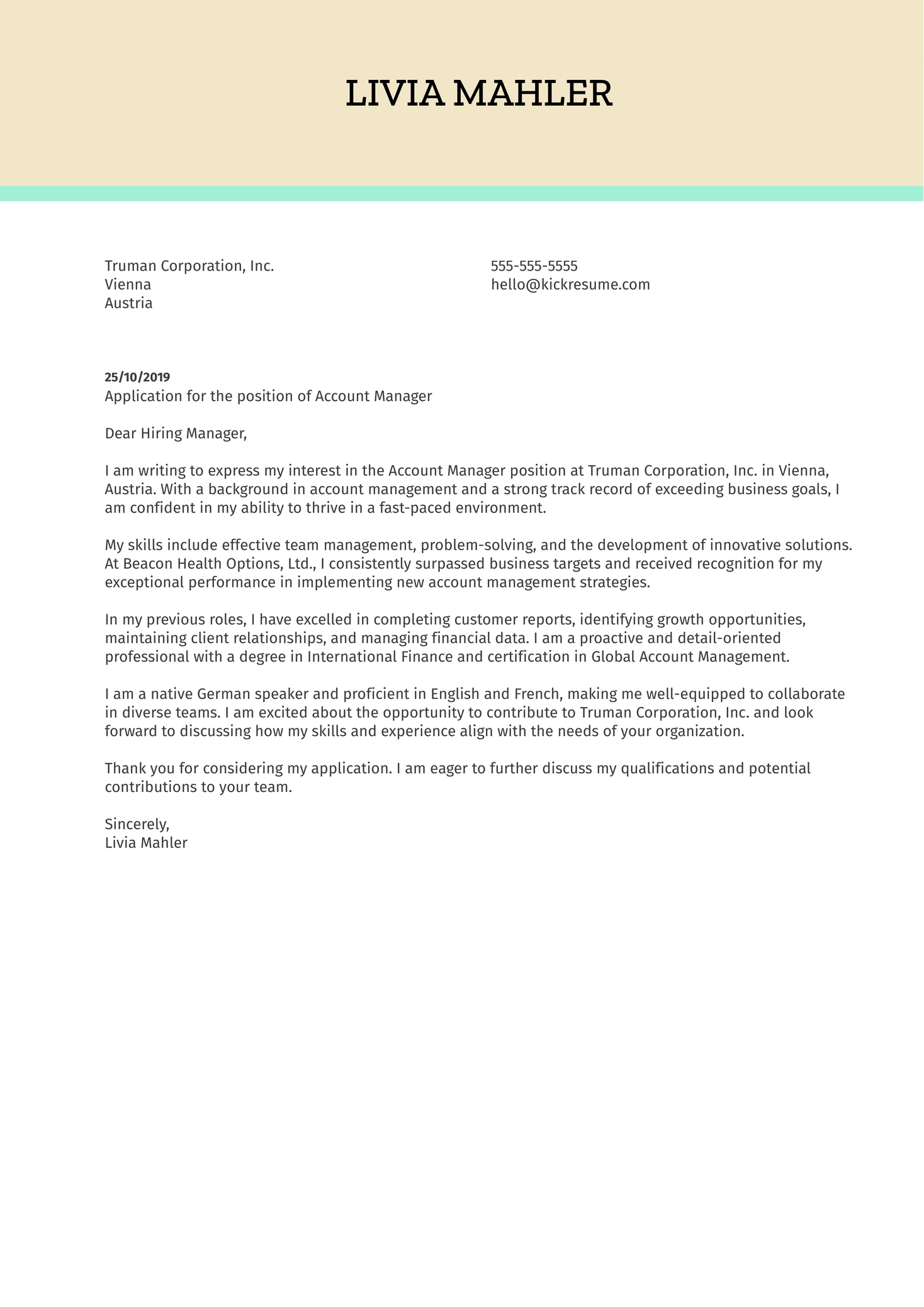Account Manager Cover Letter Examples