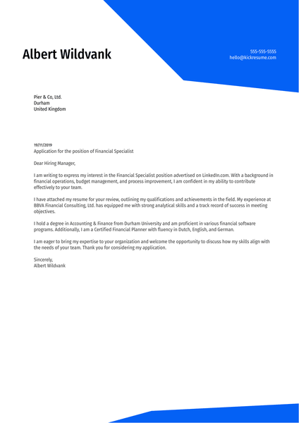 Financial Specialist Cover Letter Sample Kickresume