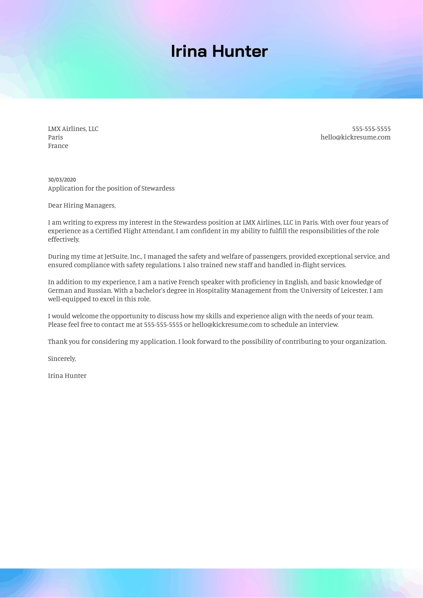 Stewardess Cover Letter Example  Kickresume