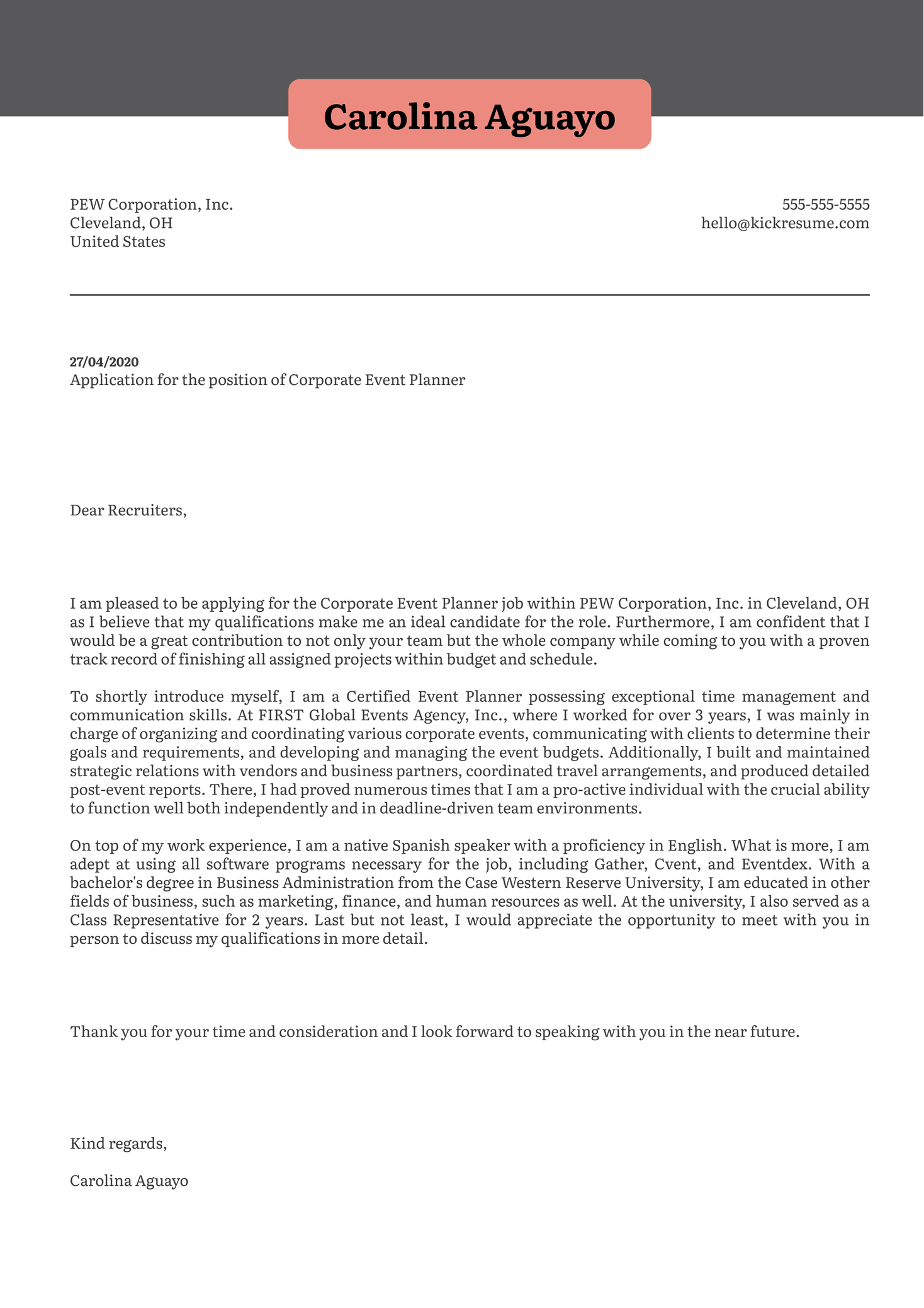 Corporate Event Planner Cover Letter Sample Kickresume