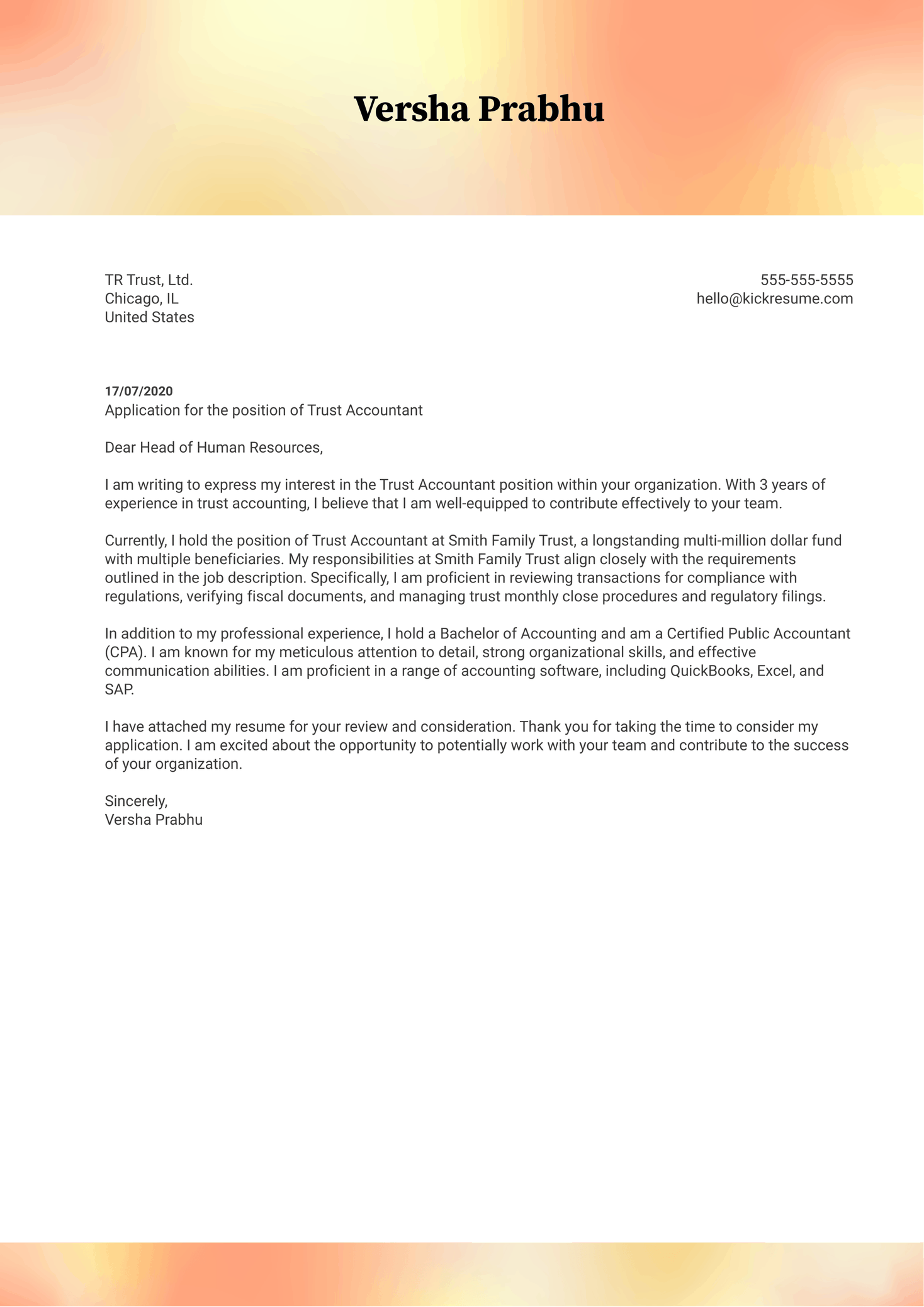 Trust Accountant Cover Letter Example Kickresume