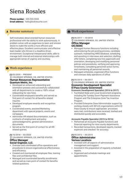 Quantum Metric HR Representative Resume Example