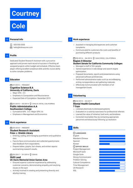 University of California, Davis Student Research Assistant Resume Example