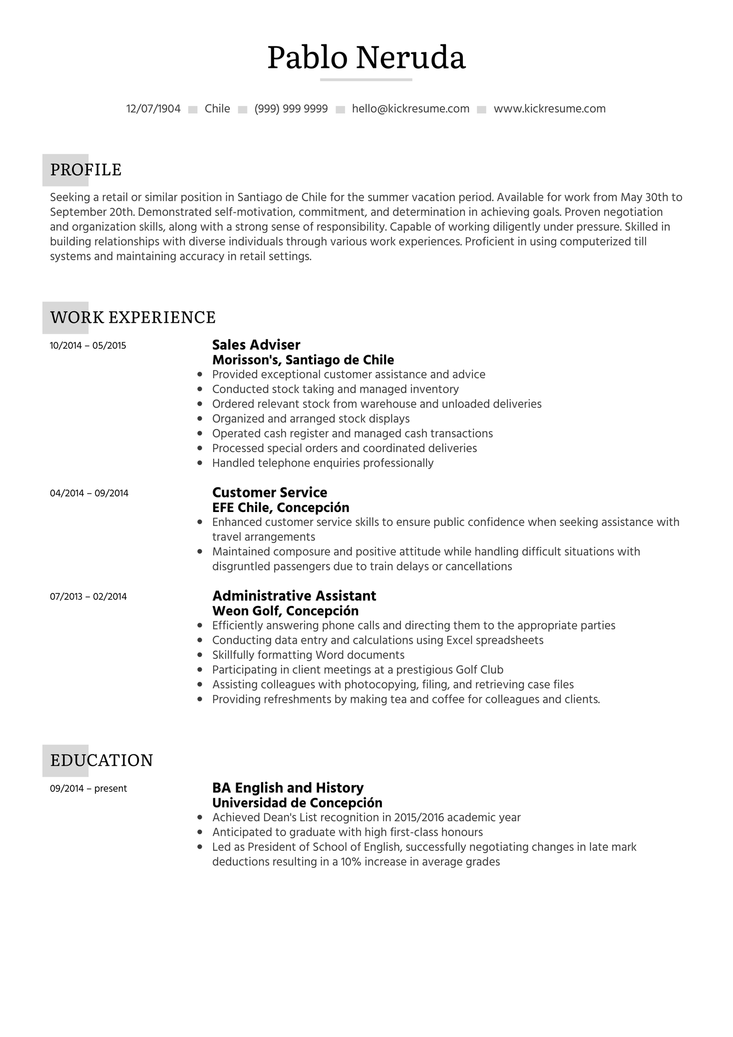 Student Resume Summer Job Kickresume