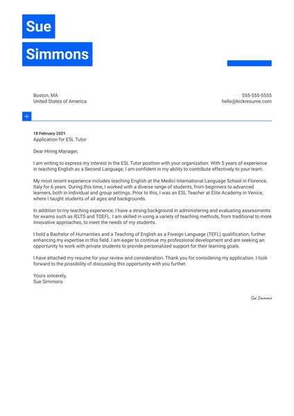 Modello di lettera di presentazione per tutor ESL