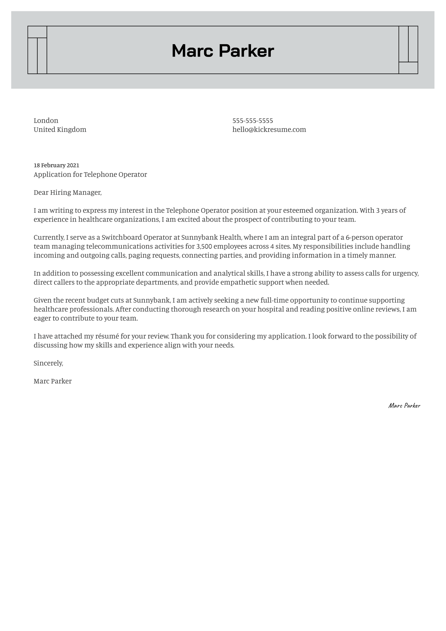 Telephone Operator Cover Letter Sample Kickresume