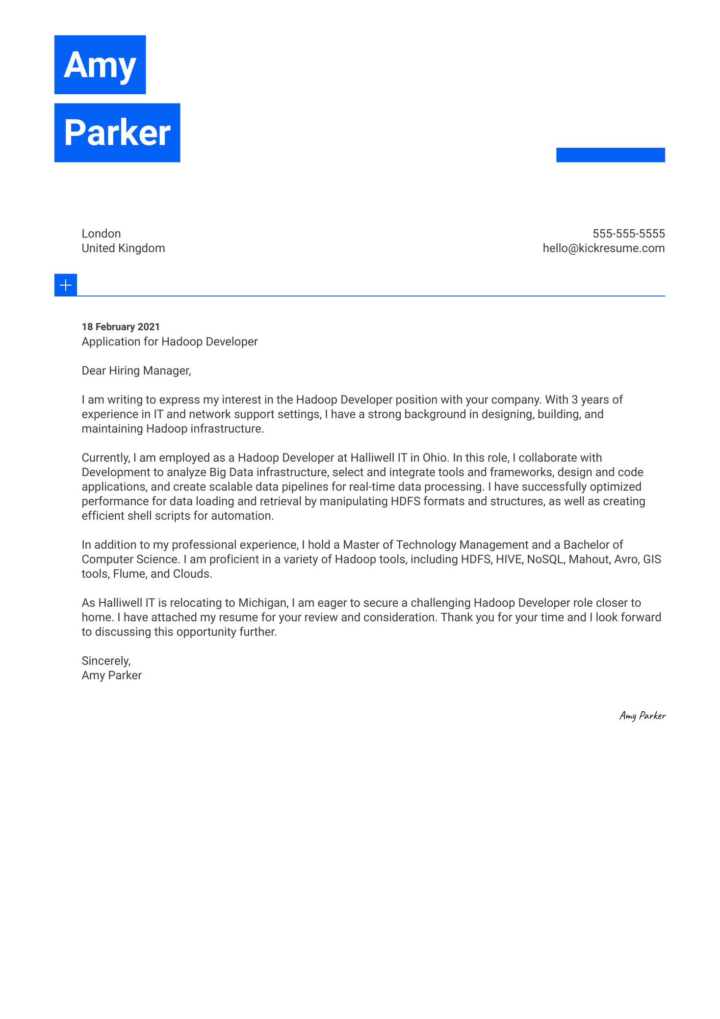 Hadoop Developer Cover Letter Template Kickresume