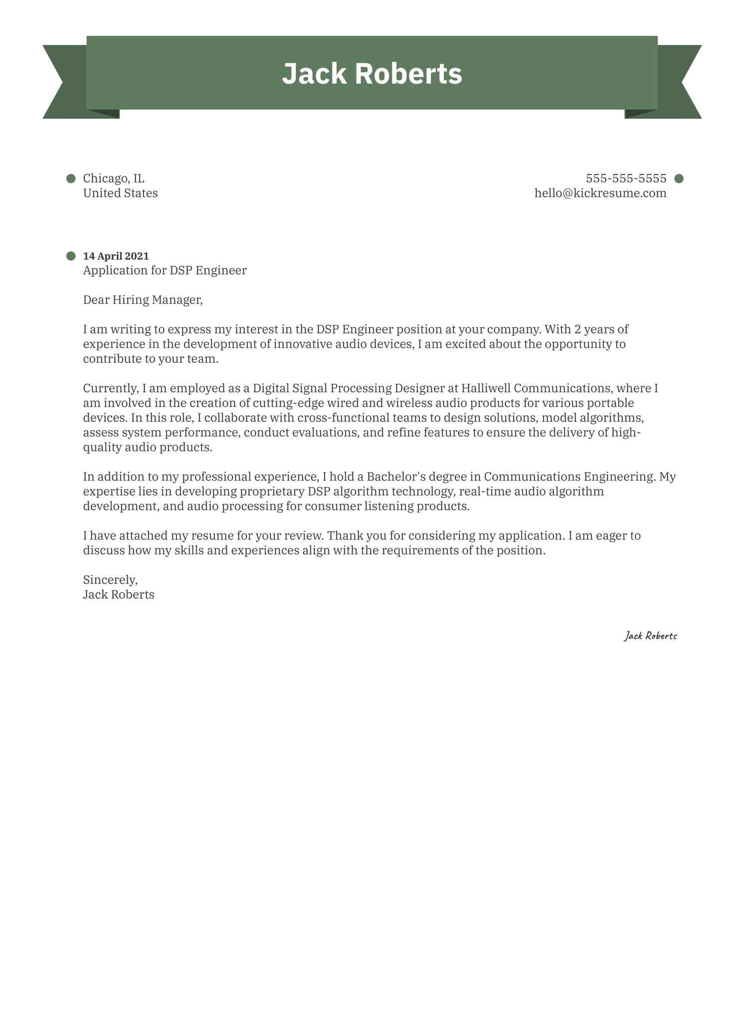 Dsp Engineer Cover Letter Template Kickresume