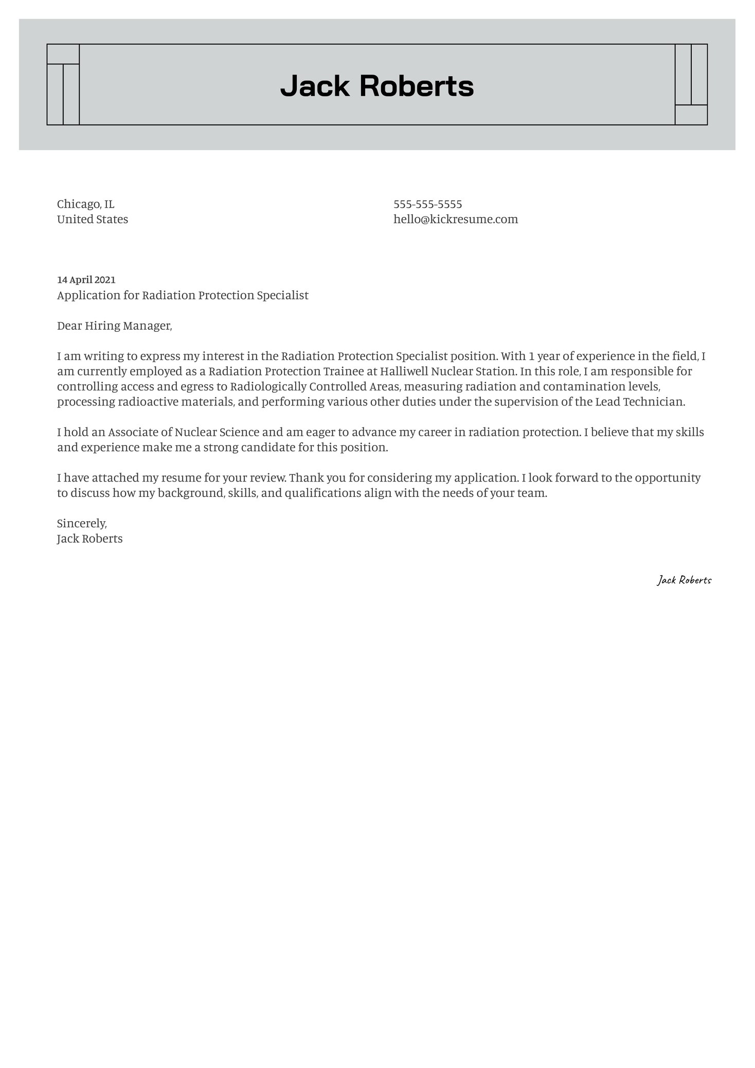 Radiation Protection Technician Cover Letter Template Kickresume