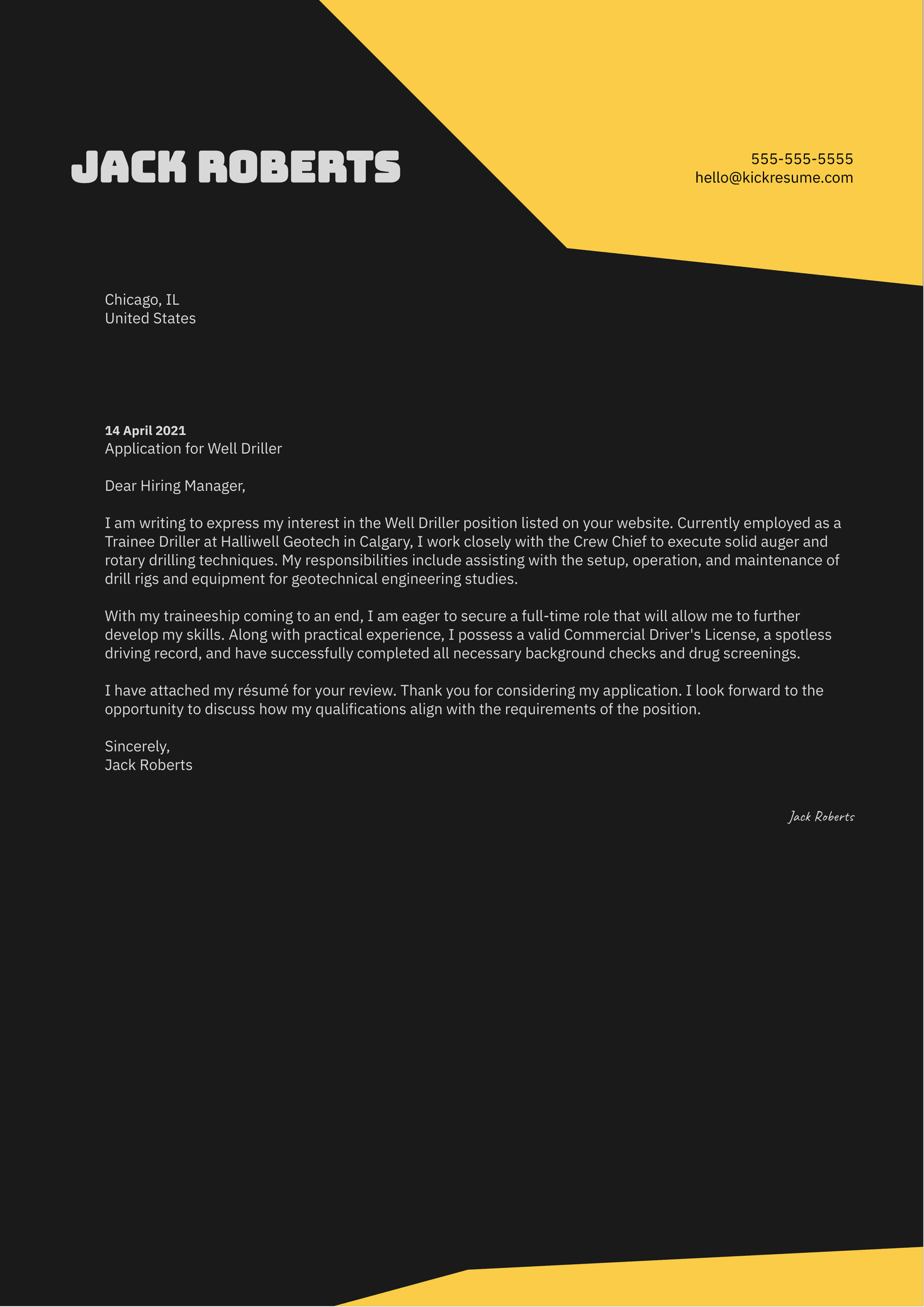 Well Driller Cover Letter Sample Kickresume