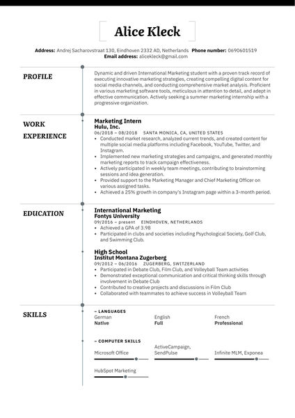 Marketing Intern Resume Example | Kickresume