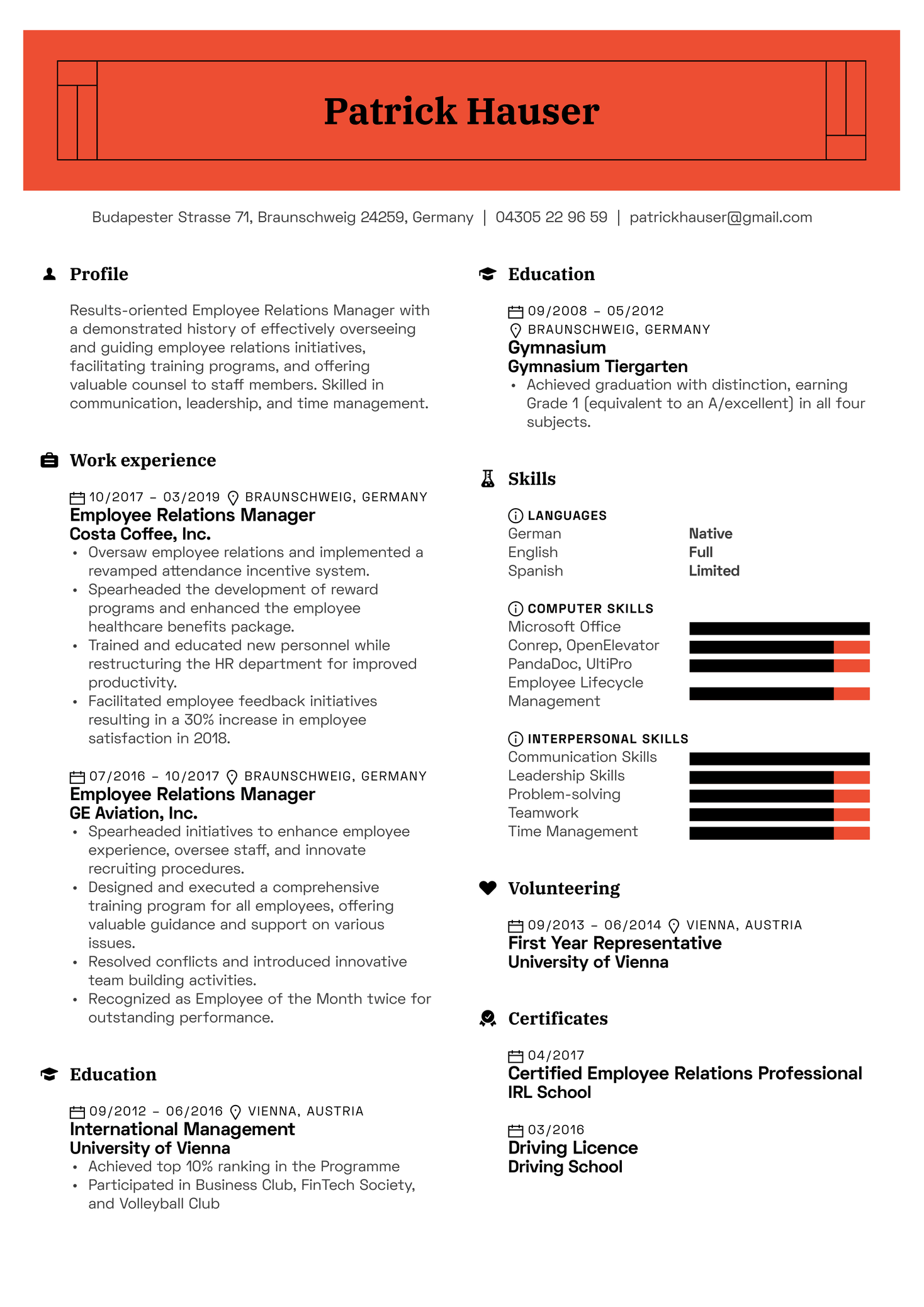 Employee Relations Manager Resume Sample Kickresume