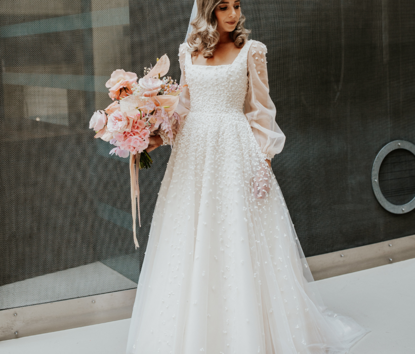 Sassi Holford real bride Lily wearing bespoke Sassi Holford wedding dress
