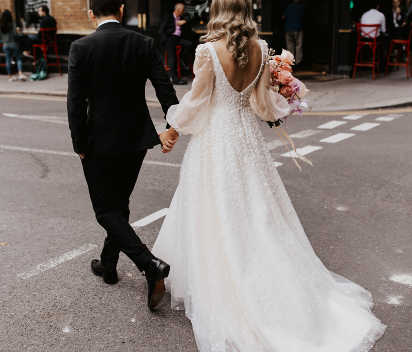 Sassi Holford real bride Lily wearing bespoke Sassi Holford wedding dress
