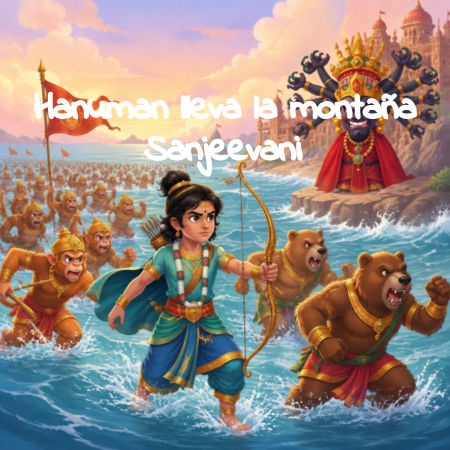 Hanuman lleva la montaña Sanjeevani
