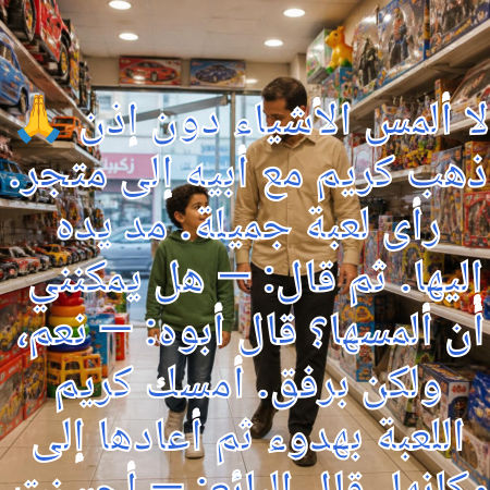 لا ألمس الأشياء دون إذن 🙏 ذهب كريم مع أبيه إلى متجر. رأى لعبة جميلة. مد يده إليها. ثم قال: — هل يمكنني أن ألمسها؟ قال أبوه: — نعم، ولكن برفق. أمسك كريم اللعبة بهدوء ثم أعادها إلى مكانها. قال البائع: — أحسنت يا بني. ماذا تعلمنا؟ لا ألمس أشياء الآخرين دون إذن. لا أكسر شيئًا. أحافظ على الأشياء
