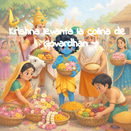 Krishna levanta la colina de Govardhan