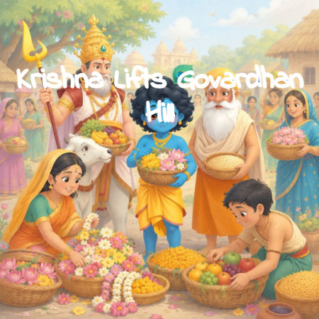 Krishna Lifts Govardhan Hill