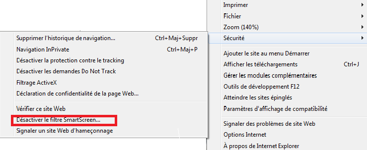 L'option Désactiver le filtre SmartScreen est présente, SmartScreen est donc activé !