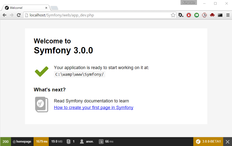 La page d'accueil de Symfony