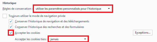 Ne décochez pas Accepter les cookies. Contentez vous de désactiver les cookies tiers.