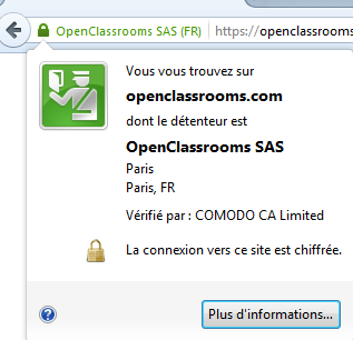 Pour voir le certificat du site que vous consultez, cliquez sur l'icône à côté de l'adresse du site dans la barre de tâches.