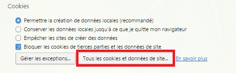 Tous les cookies et données de site