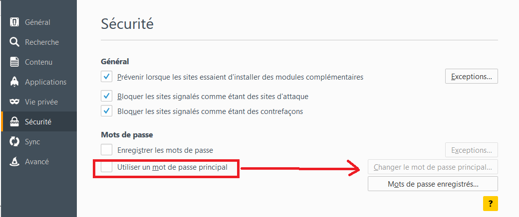 Changer le mot de passe principal