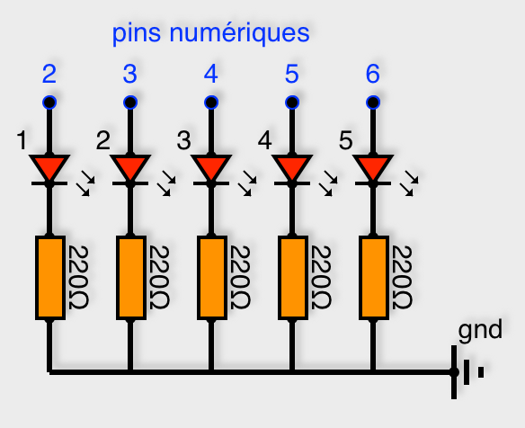 5 LED attachées au pins 2 à 6