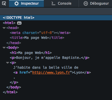 Arborescence de la page Web d'exemple dans l'inspecteur Firefox