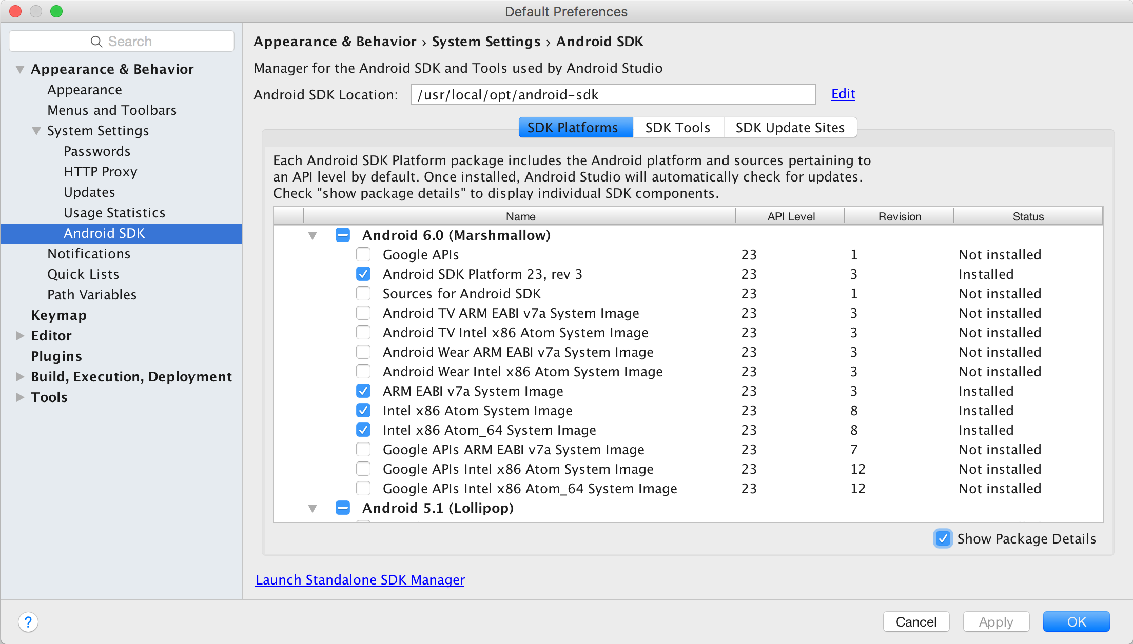 Liste des SDK Android disponibles
