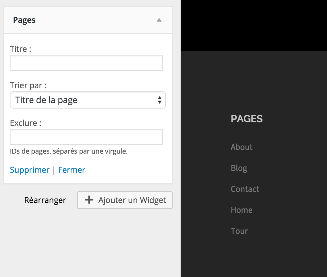 La liste des pages ajoutée au pied de page