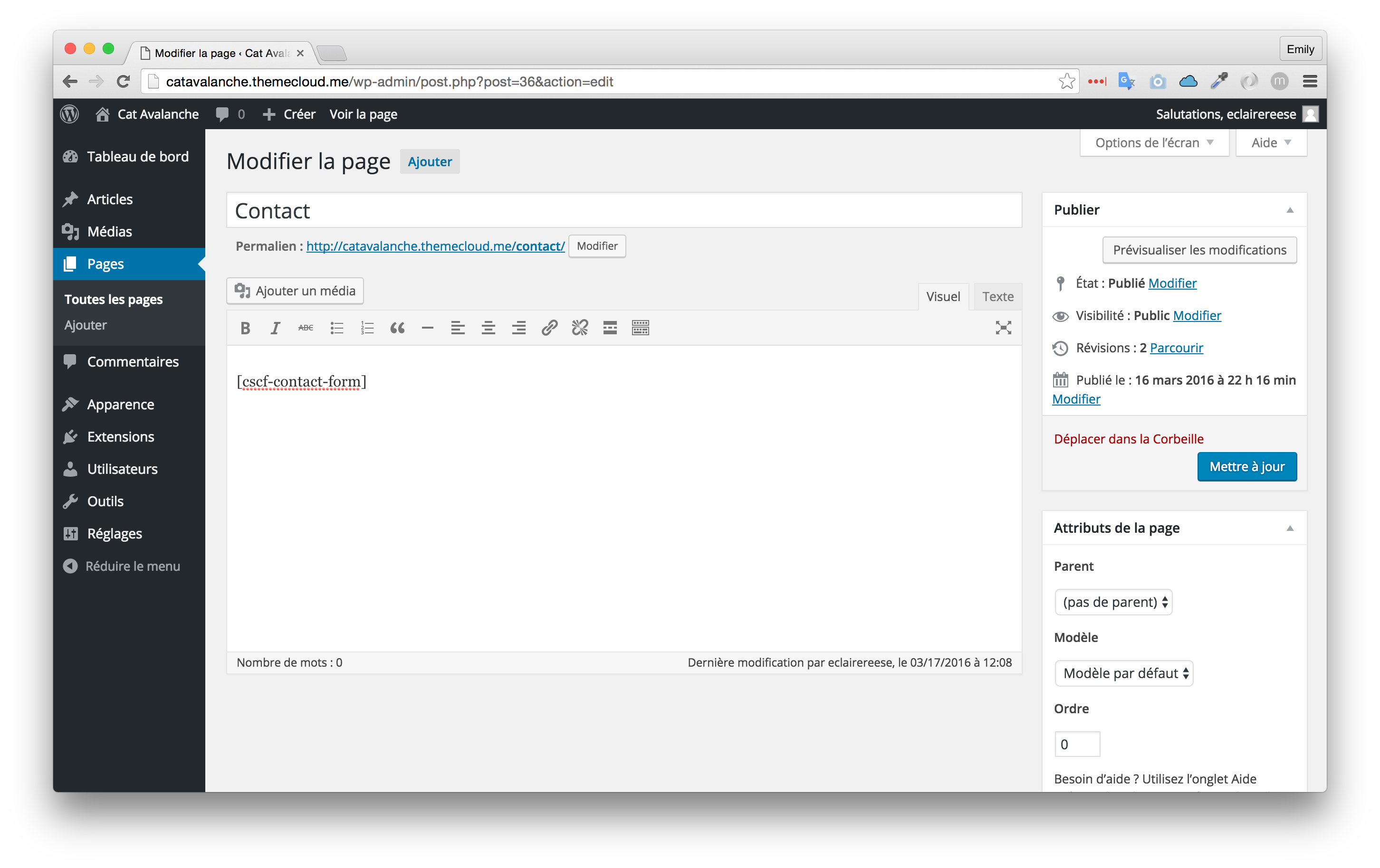 L’intégration du plugin dans la page de contact