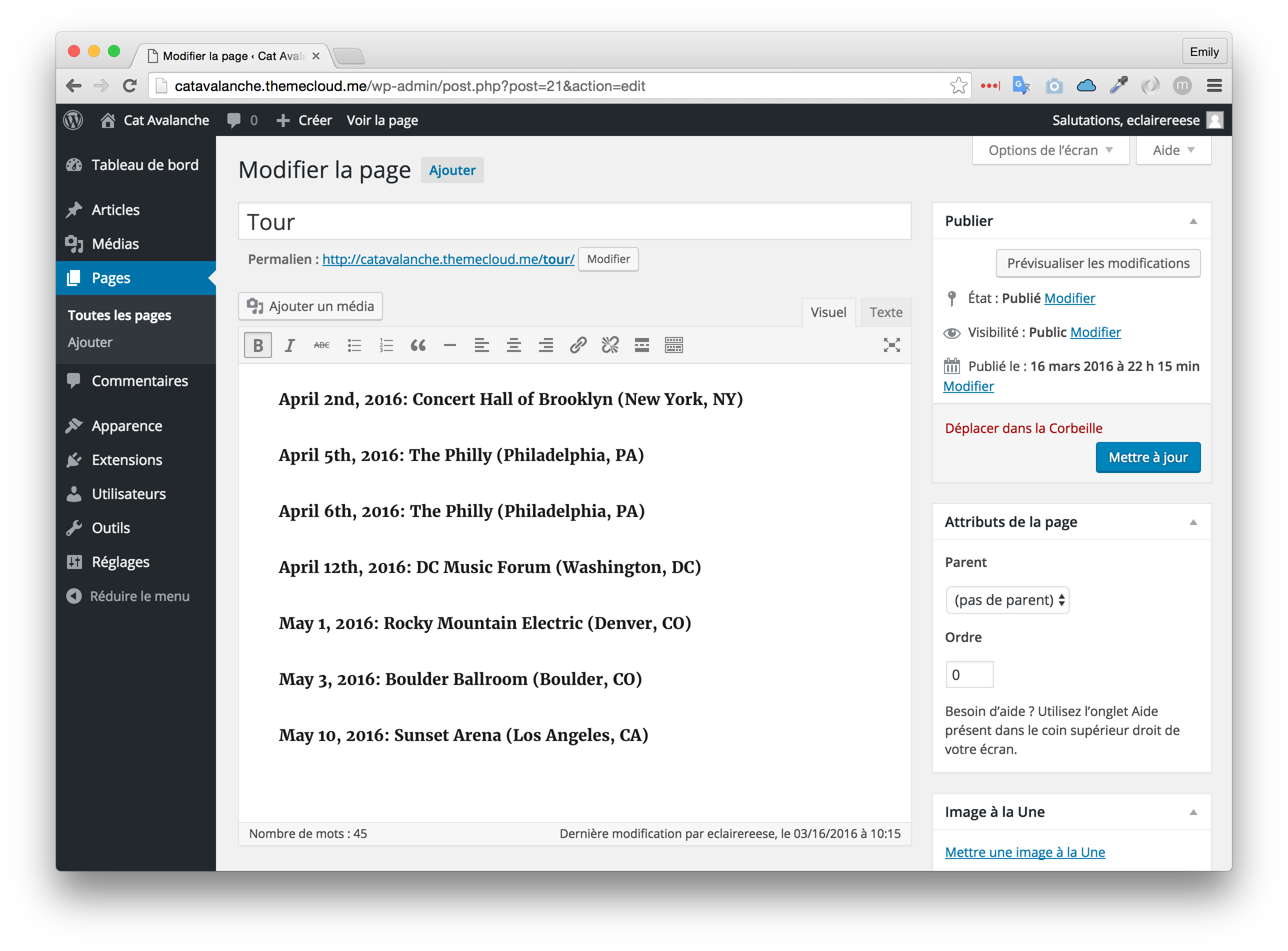 Page Tournée remplie