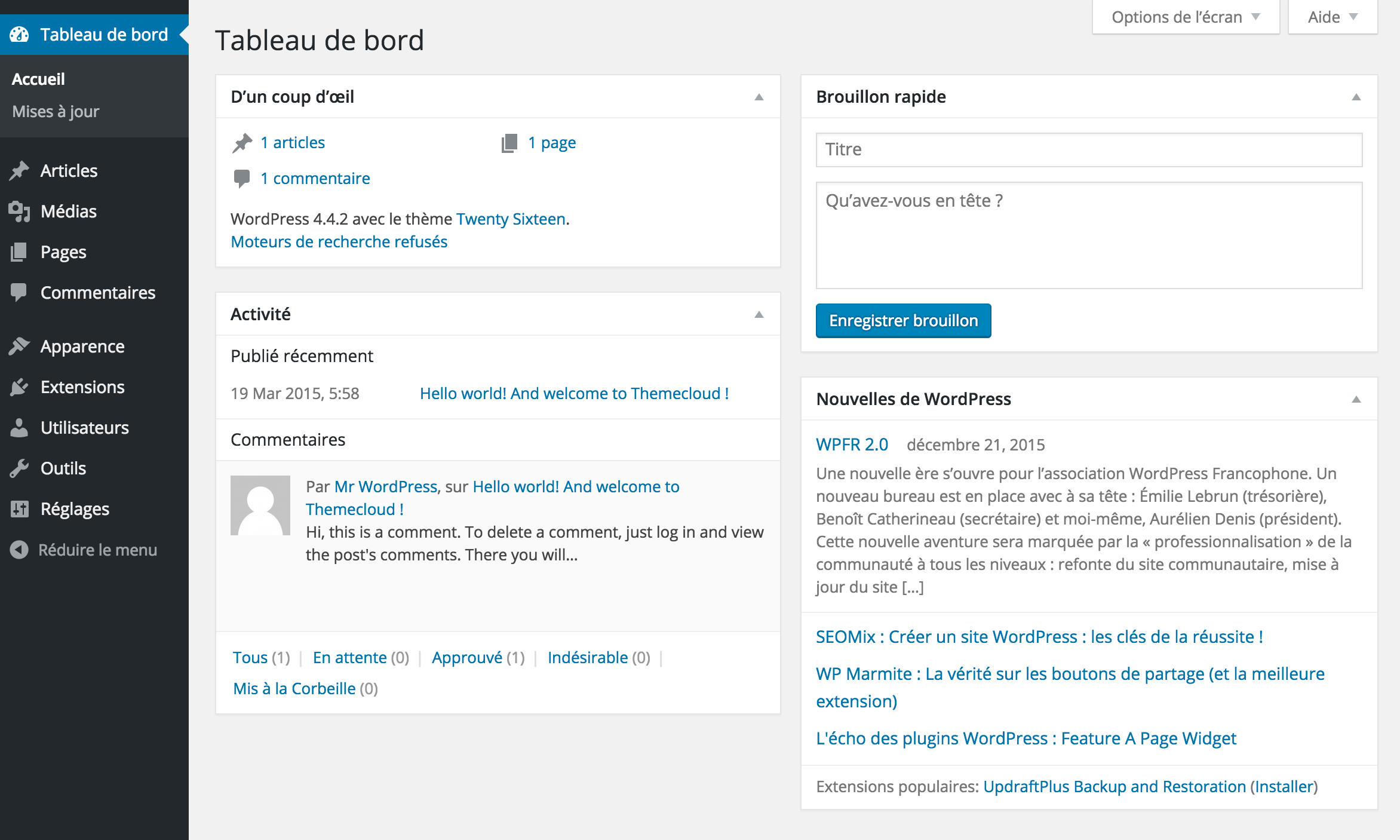 Tableau de bord WordPress
