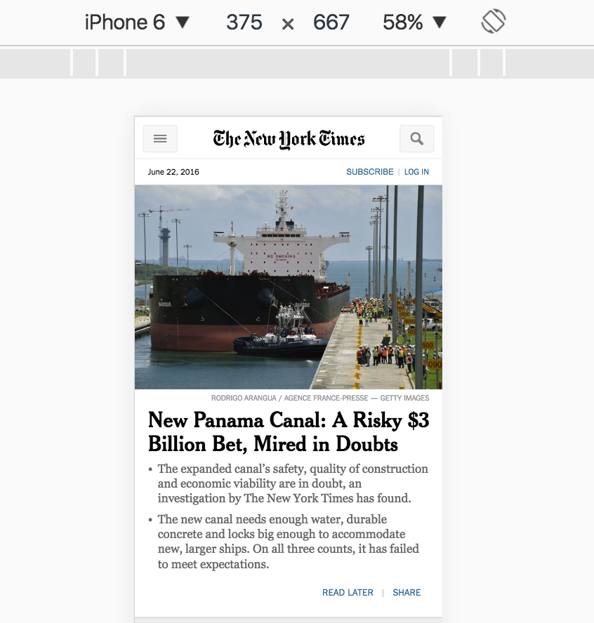 New York Times simulated on an iPhone 6