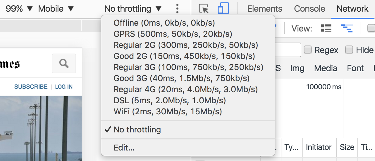 Simulate different connection speeds